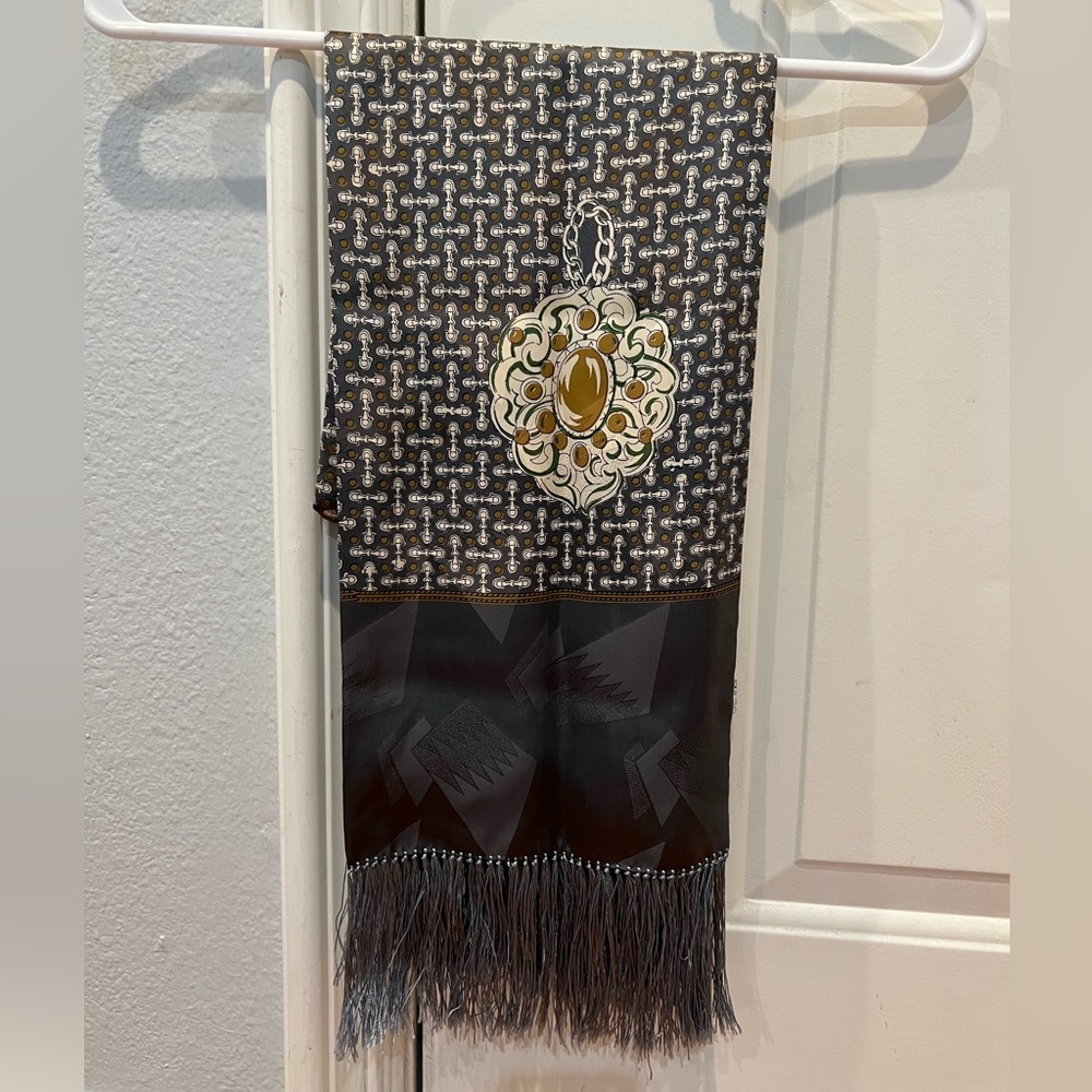 Vintage 100% Silk Scarf - Silver - Geometric Style